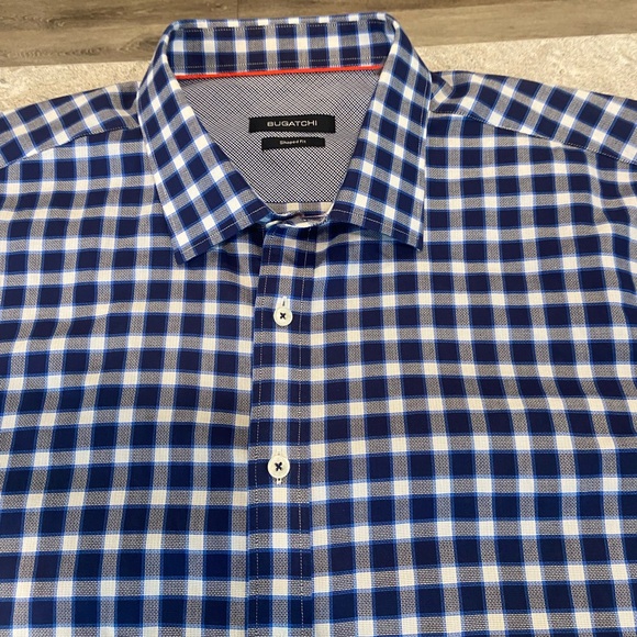 Bugatchi Navy and White Plaid Dress Shirt-XXL - Picture 1 of 6